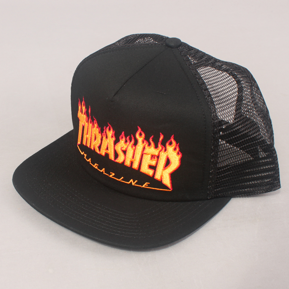 Thrasher Flame Logo Trucker Cap  - Black / Black